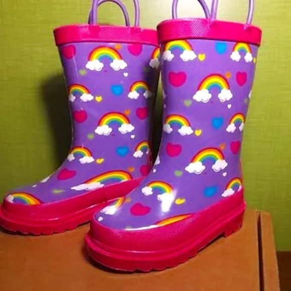 Austin Trading Co. Purple & Pink Rain Boots w/Rainbow Cloud Print {001} - Picture 1 of 4